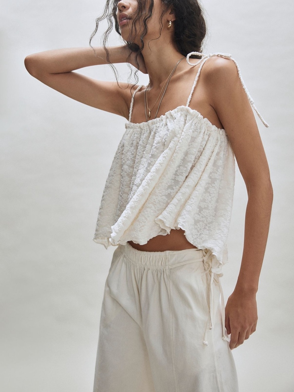 Free People Cream Lace Tie-Shoulder Flowy Crop Tank